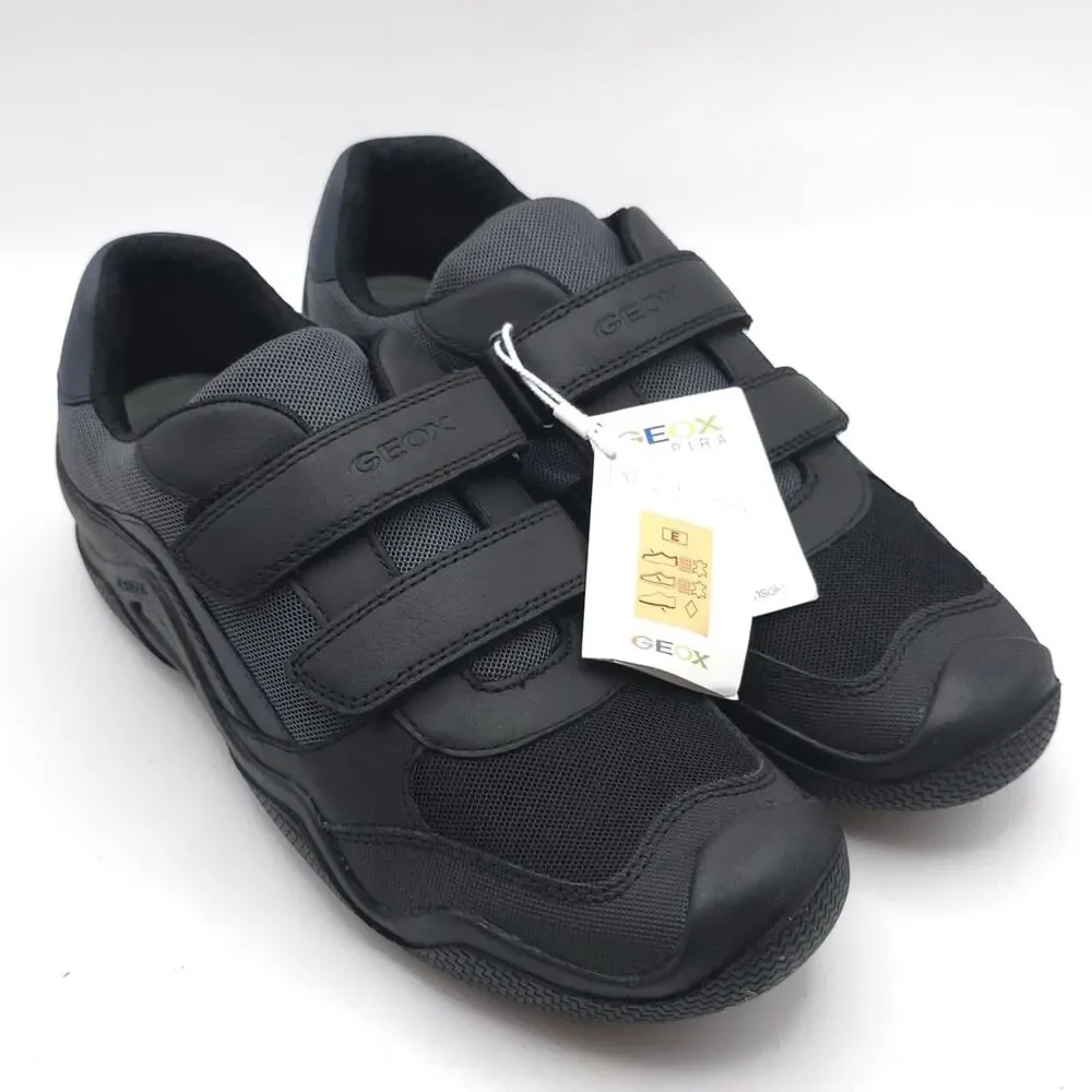 GEOX New Wader Boy LEATHER Sneakers Shoes 6 Big Kids Black ITALIAN PATENT J4530C